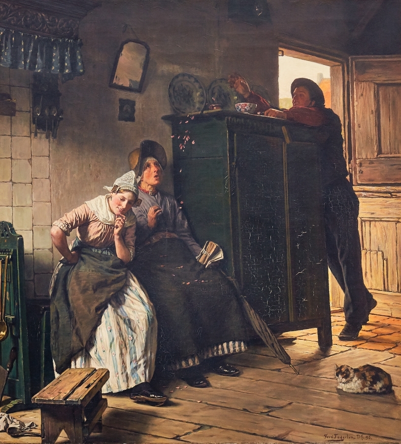 Artwork by Ferdinand Fagerlin, Friaren överraskar med blomblad, Made of Oil on canvas