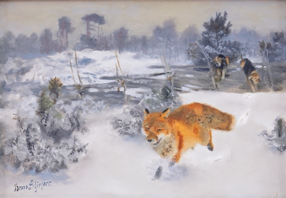 Räv och stövare i vinterlandskap by Bruno Liljefors