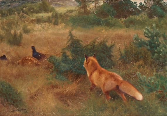 Fox and grouse pair by Bruno Liljefors, 1909