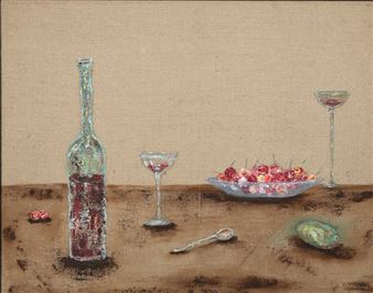 A still life painting of a bottle, two wine glasses, and a bowl of cherries on a textured table.