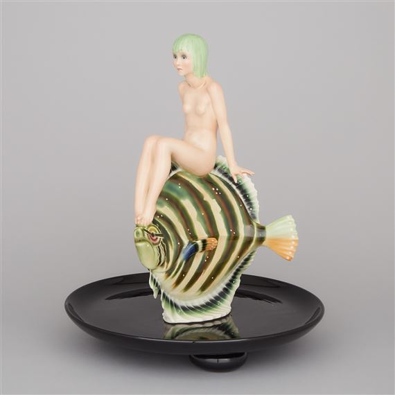 'Sirenetta e Cattivo Pesce', Lenci Group of a Girl Riding a Fish by Elena König Scavini, 1930s