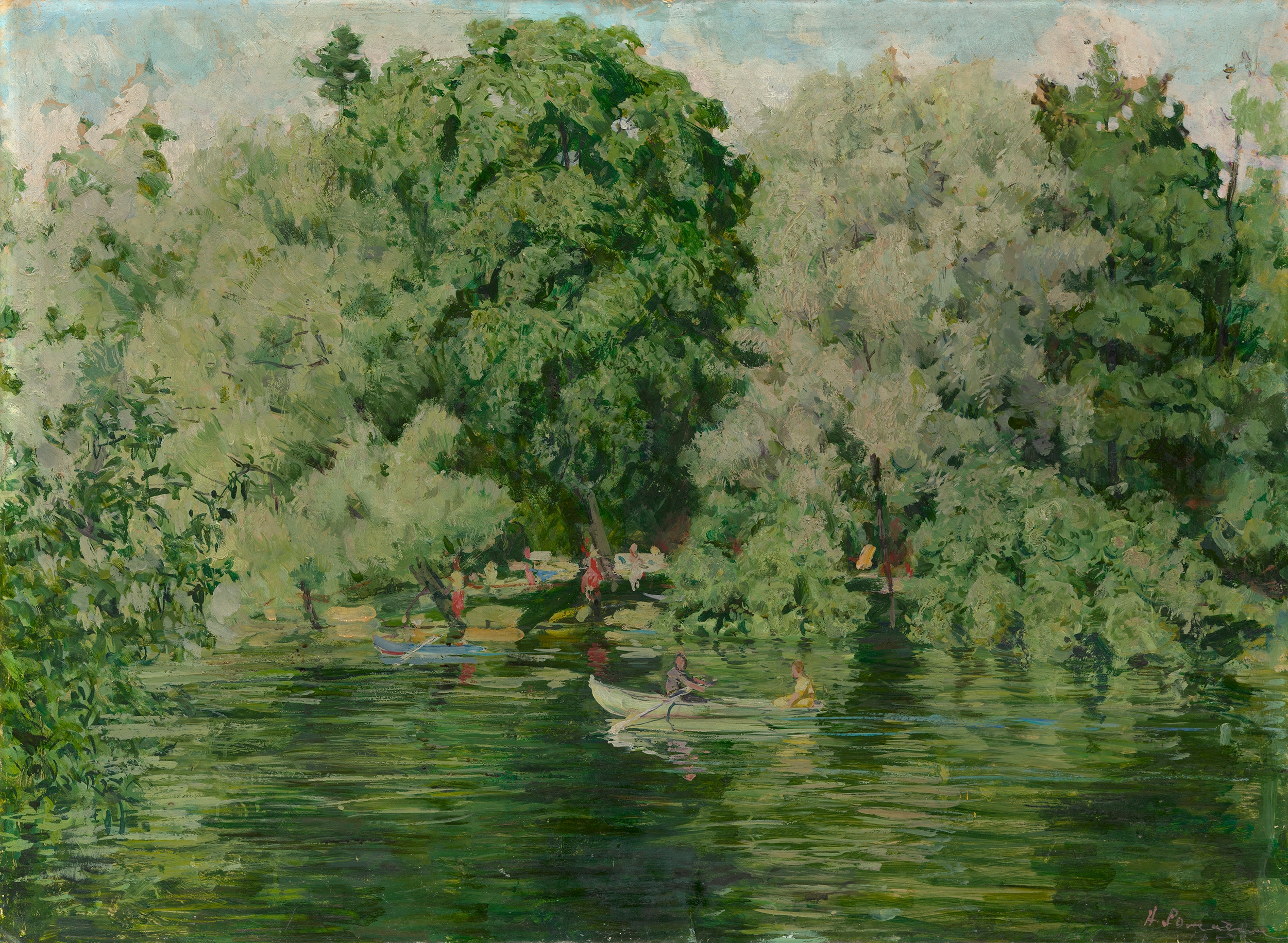 Artwork by Nikolai Mikhailovich Romadin, Boating in a Park, Made of Oil on paper, laid on cardboard