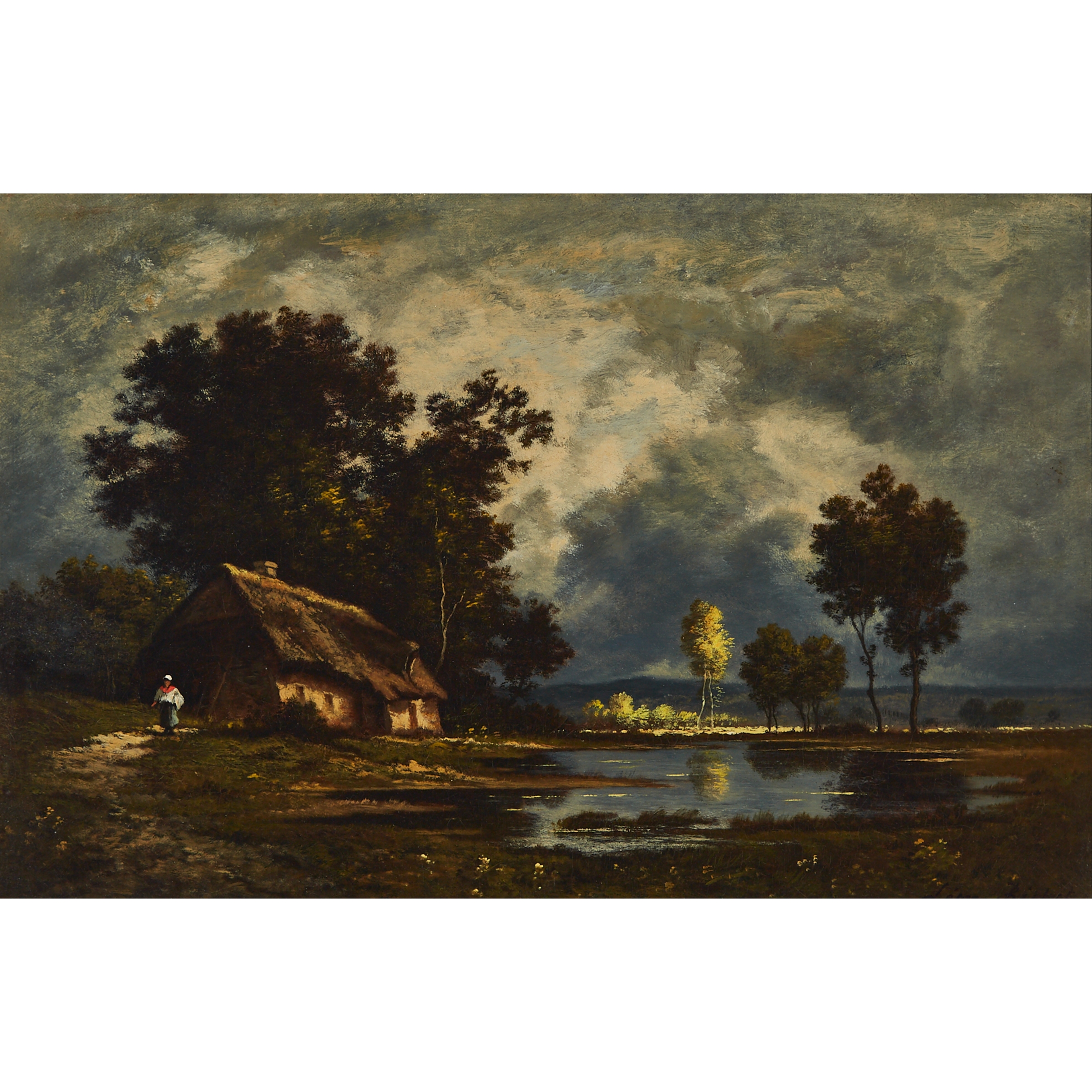 Léon Richet | WOMAN OUTSIDE A COTTAGE ON A RIVER WITH SUNLIGHT BREAKING ...