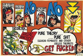 A comic-style collage featuring a female figure in various poses, bold text, and a chaotic action scene.