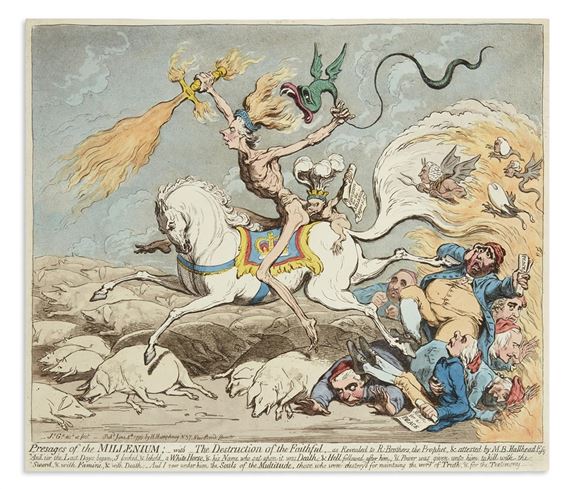 Presages of the Millenium;__With__the Destruction of the Faithful. by James Gillray, 1795