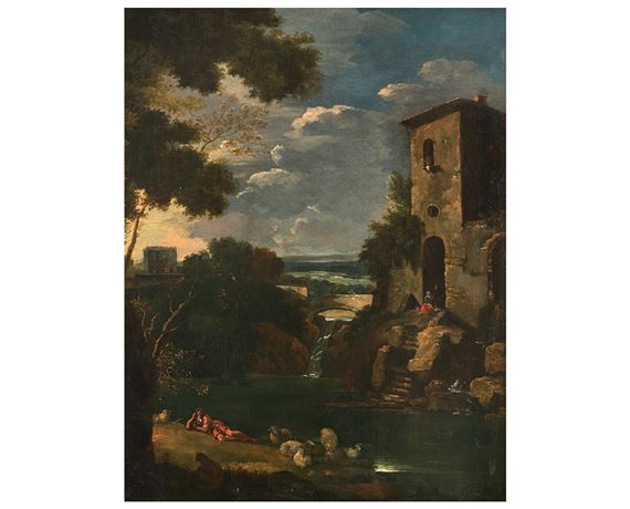 Paysage animé d’une rivière et d’un berger by Roman School, 17th Century
