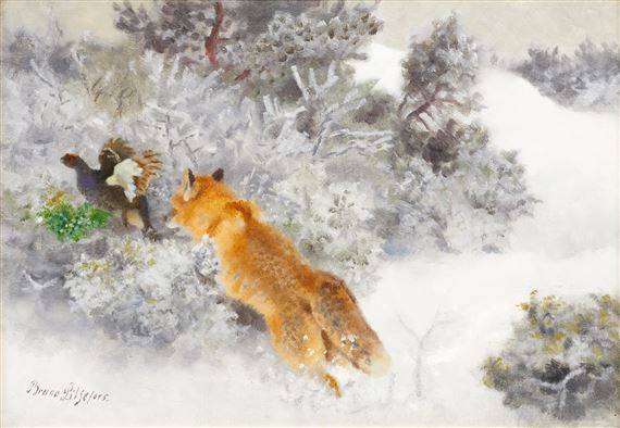 Räv och orre i vinterlandskap by Bruno Liljefors