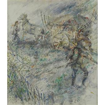 Farm labourers in a windswept landscape with a horse and cart - Claude D. Bendall