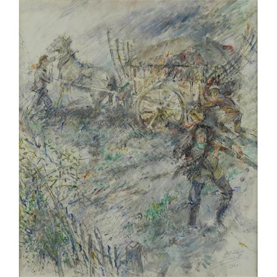 Farm labourers in a windswept landscape with a horse and cart by Claude D. Bendall, 1965
