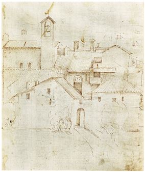 RECTO: VIEW OF HOUSES AND A CHURCH WITH A CAMPANILE; VERSO: A GROUP OF CLERICS AND MONKS SINGING IN FRONT OF A LECTERN - Pseudo-Pacchia