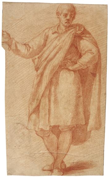 RECTO:  STUDY OF A YOUNG MAN WEARING A CLOAK, HIS LEFT HAND ON HIS HIP AND HIS RIGHT ARM RAISED VERSO:  STUDY OF A MAN WEARING A HAT AND HOLDING A SWORD IN HIS LEFT HAND, WITH TWO SUBSIDIARY STUDIES OF A BOOT, AND A HAND HOLDING THE TOP OF A SWORD by Jacopo Chimenti