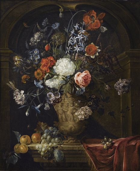 STILL LIFE WITH HYDRANGEAS, ROSE, POPPIES, HYACINTHS, HELLEBORE, EYELETS, TAGETES, BIN WEEDS, AND ANEMONES IN A VASE, ALL TOGETHER ON A LEDGE TOGETHER WITH GRAPES, PLUMS AND BUTTERFLIES by Coenraet Conrad Roepel