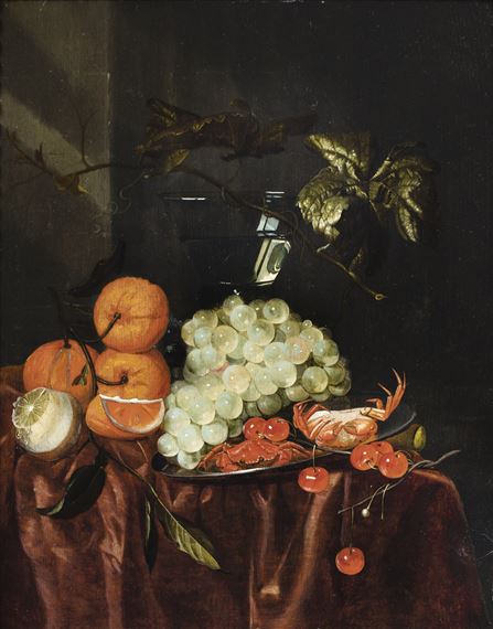 STILL LIFE WITH GRAPES, CHERRIES AND CRABS ON A PEWTER PLATE, TOGETHER WITH ORANGES AND A LEMON ON A DRAPED TABLE WITH A BERKEMEIER by Harmen Loeding