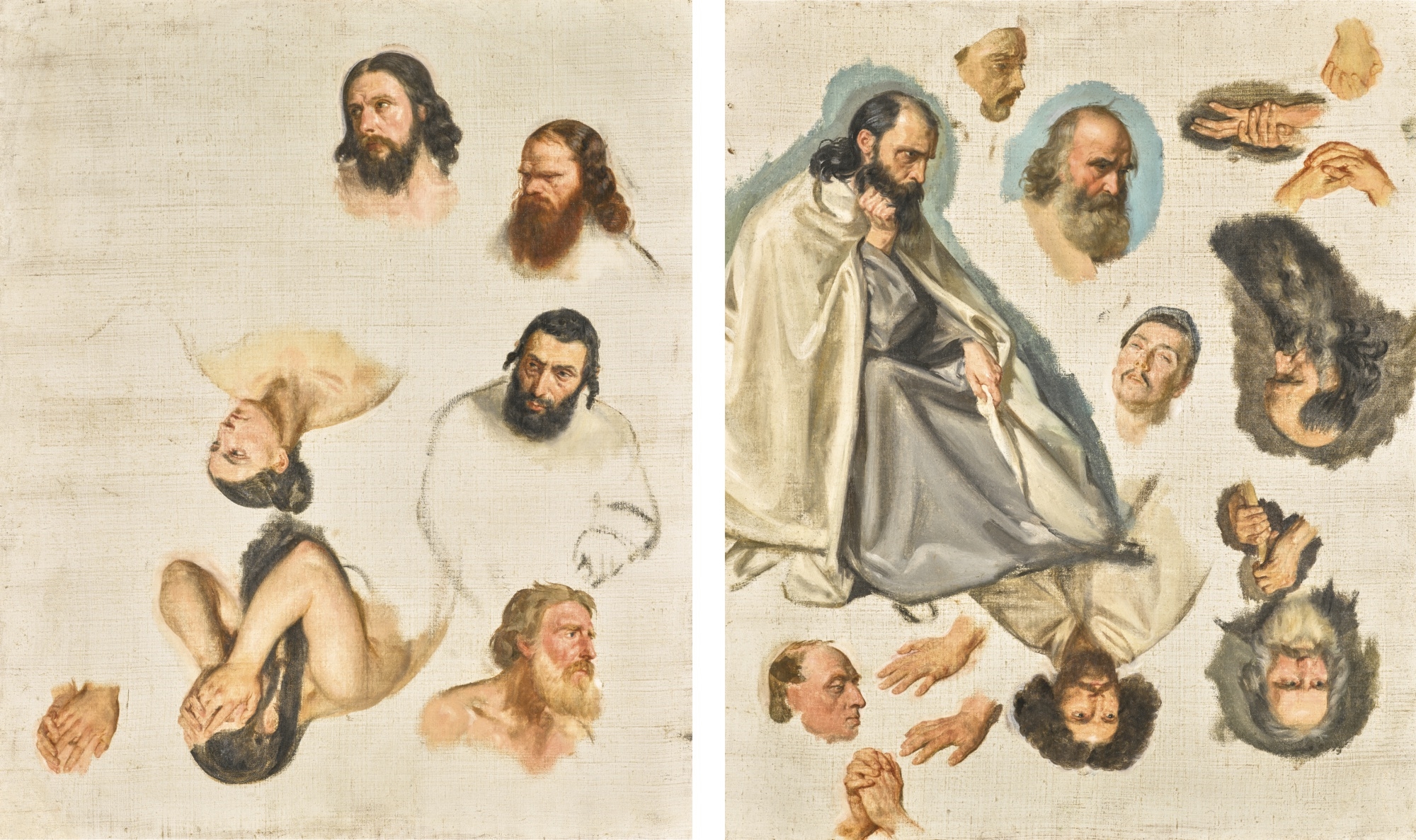 Artwork by Paul Delaroche, 2 WORKS: STUDIES FOR A SEATED MAN, HEADS AND HANDS, Made of Oil on canvas