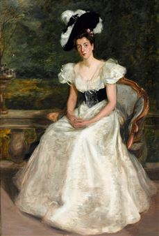 A portrait of an elegant lady in a white dress seated on balcony - Charles Edward Ritchie