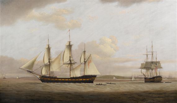 A coastal view with frigates offshore by Francis Holman