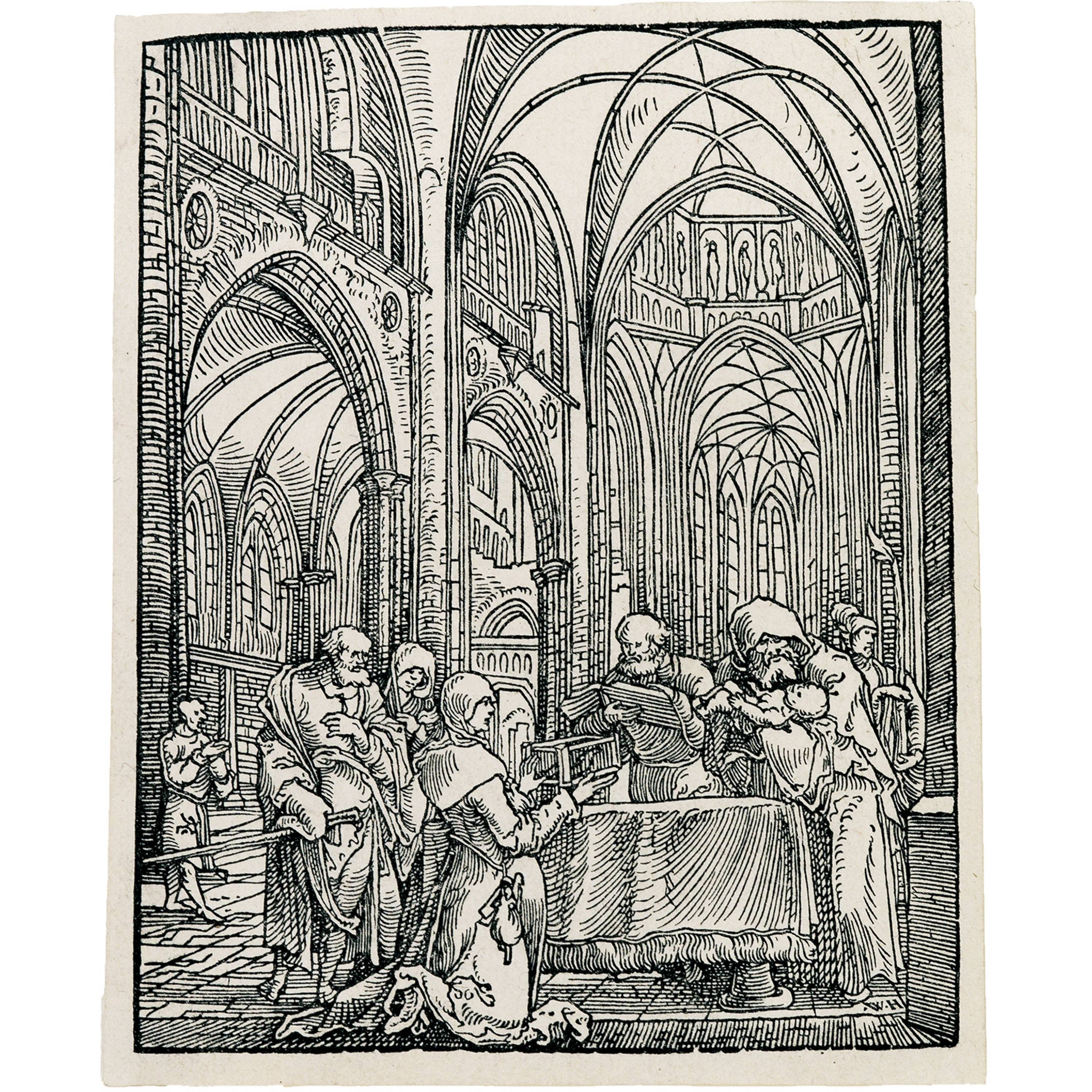 Artwork by Wolf Huber, Die Darbietung Christi im Tempel, Made of woodcut on on solid laid paper, with watermark