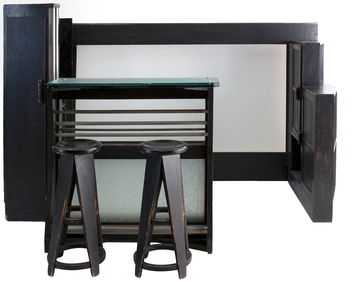 Artwork by Franz Buyle, Bar en twee tabouretjes, Made of Wood, glass, metal