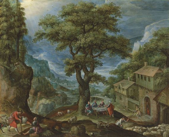 An extensive, mountainous, river landscape, with Abraham and the Angels by Marten van Valckenborch