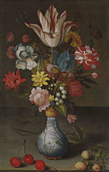 A Semper Augustus tulip and other flowers in a Wan-li gilt-mounted vase on a stone ledge by Balthasar van der Ast