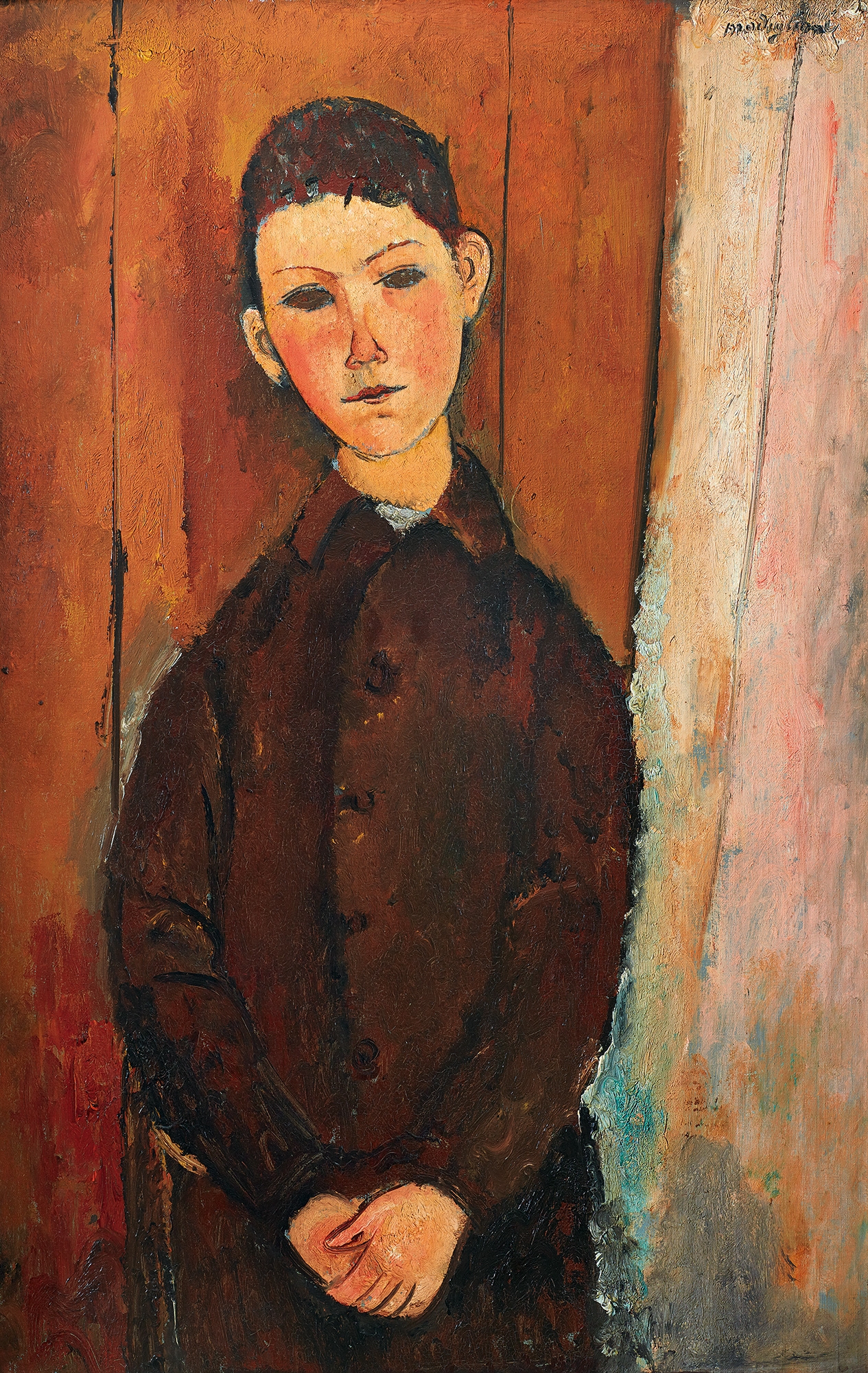 Artwork by Amedeo Modigliani, JEUNE HOMME ASSIS, LES MAINS CROISÉES SUR LES GENOUX, Made of oil on canvas