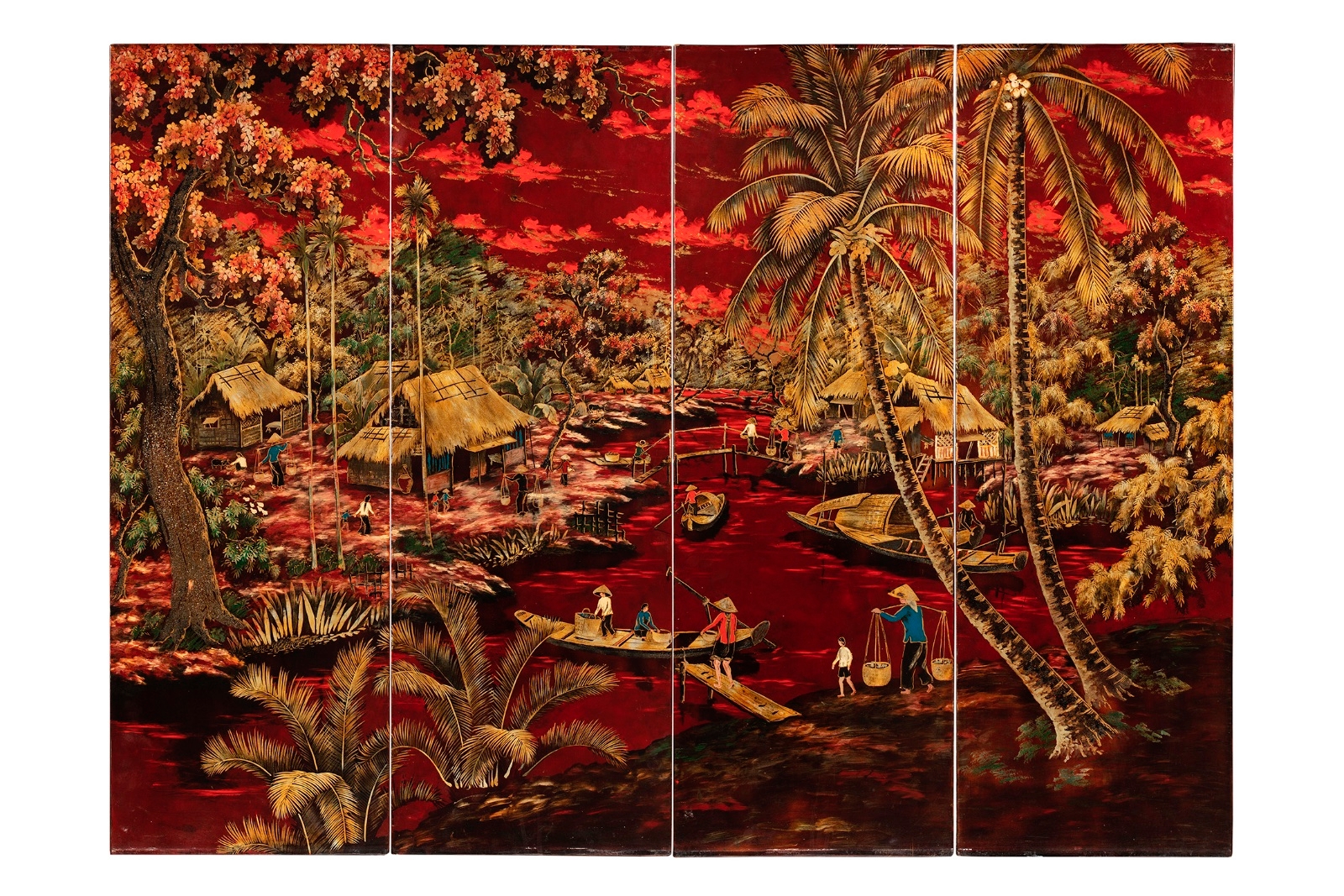 Artwork by Thanh Quang, Quadriptych: Village, Made of Lacquer on wood panel