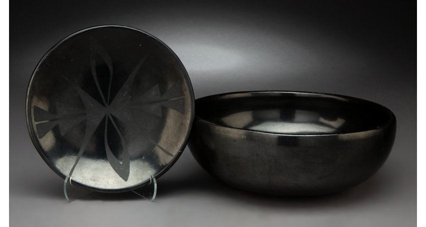 Artwork by Maria Montoya Martinez, Santana Roybal Martinez, Two San Ildefonso Blackware Items, Made of clay, paint