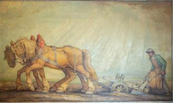 Bauer im Schweiße seines Angesichts m. 2 Pferden beim Pflügen eines Ackers - Fritz Boehmer