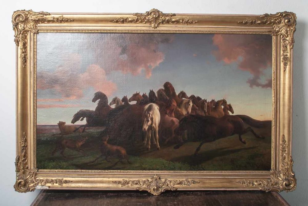Artwork by Friedrich Anton Kilp, Von einem Rudel Wölfe zusammengetriebene Pferdeherde, Made of oil on canvas