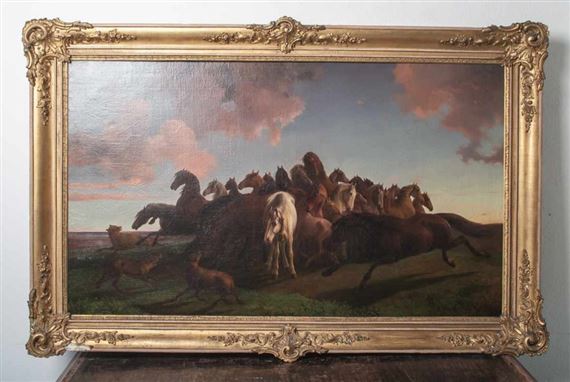 Von einem Rudel Wölfe zusammengetriebene Pferdeherde by Friedrich Anton Kilp