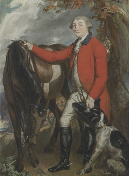 Portrait of a gentleman, full-length, in a red coat and white waistcoat, holding a tricorn hat in his left hand, beside a saddled bay hunter, with a dog at his feet, in a wooded landscape by Daniel Gardner