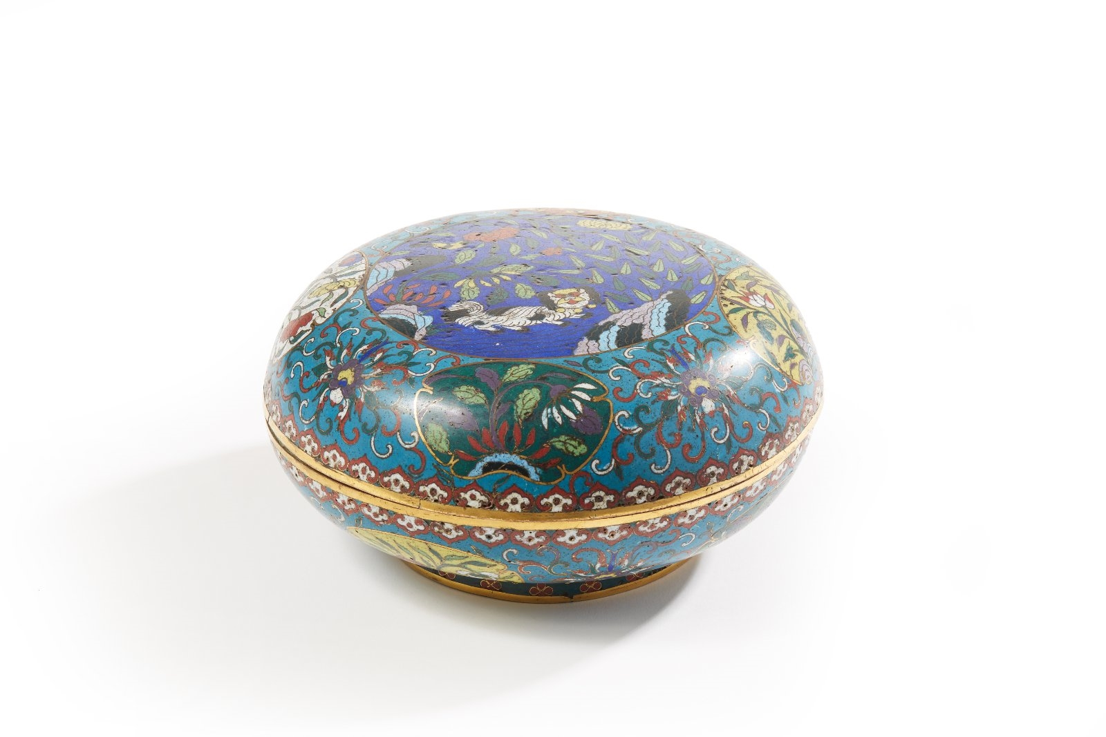 Boite ronde émail cloisonné et laiton, décor floral - Années 1960