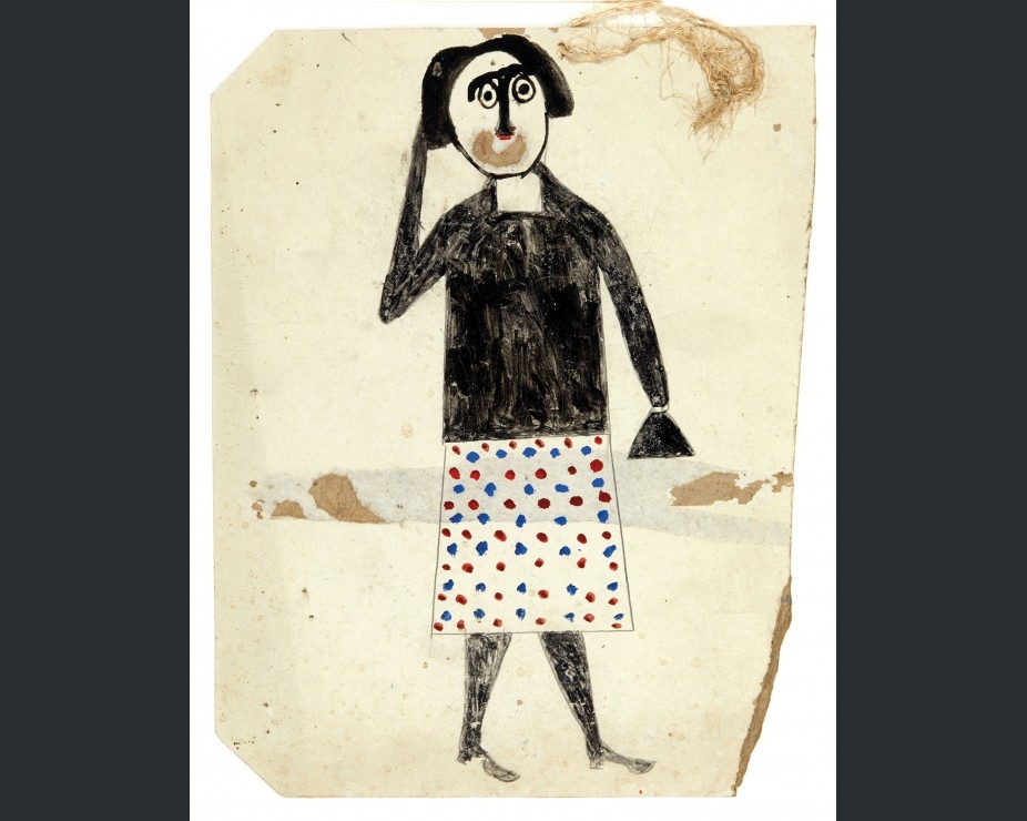 Artwork by Bill Traylor, White Lady with Spectacles, Polka Dot Dress and Handbag, Made of Pencil and gouache on cardboard