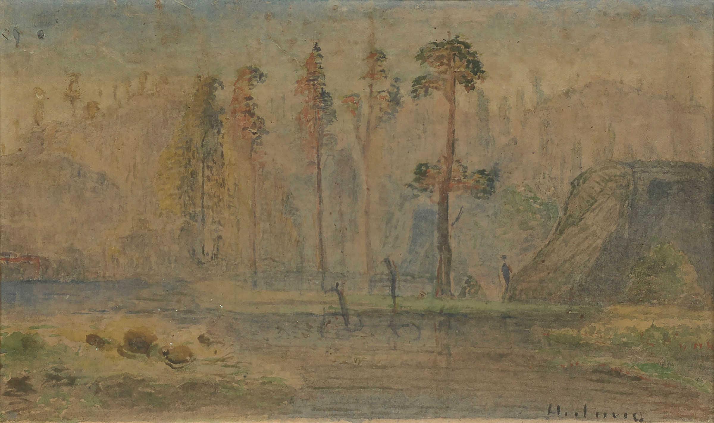 Artwork by Lars Hertervig, Landskap med høye trær, Made of Watercolor on paper