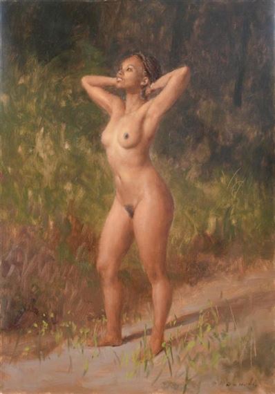 Nude standing before a woodland by Harry Holland