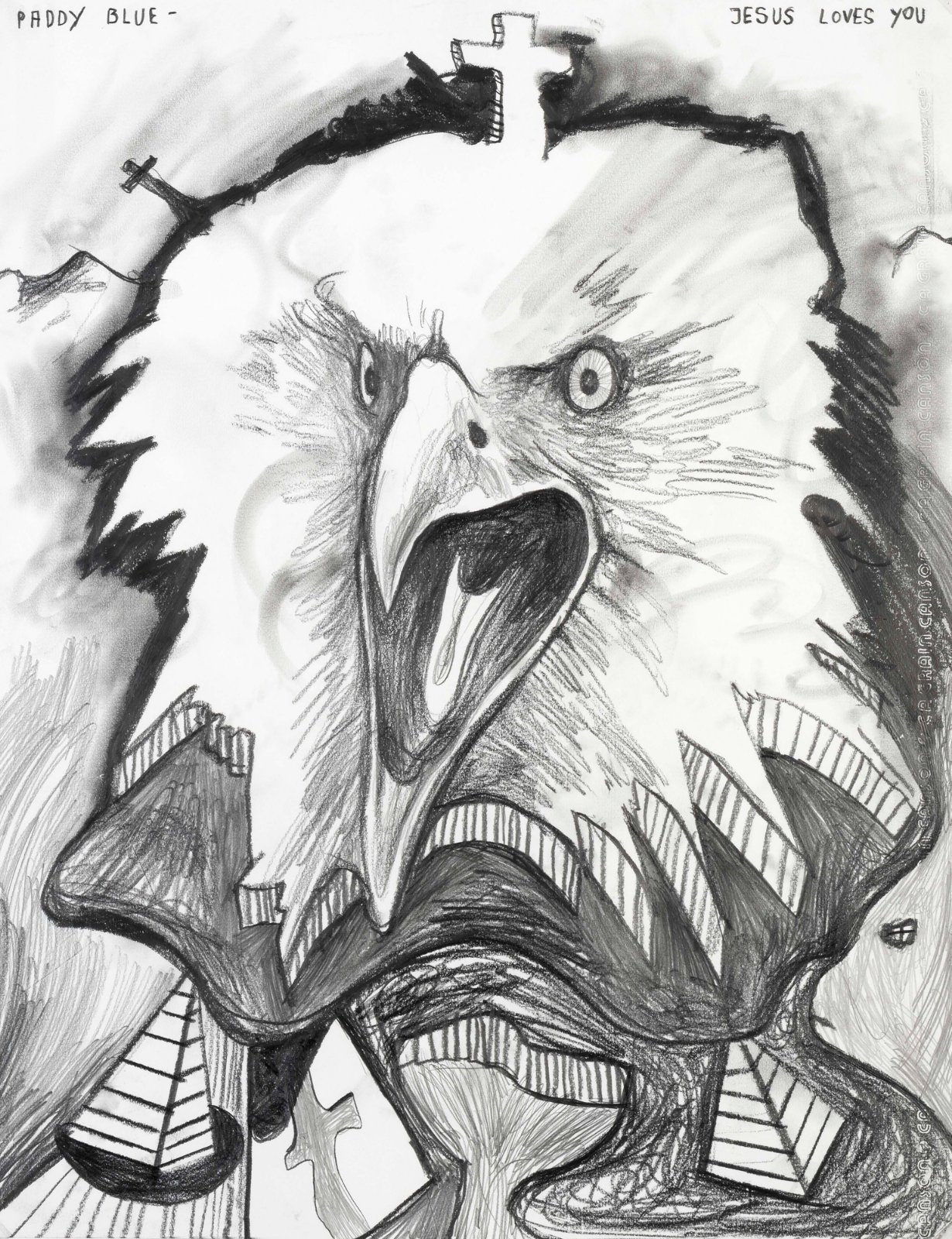 Artwork by Thomas Palme, Paddy Blue, Jesus Loves You, Made of Charcoal and graphite on paper