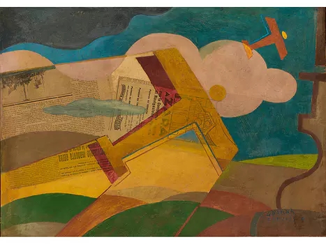 Artwork by Giulio d’Anna, AEREI CAPRONI IN VOLO, Made of Oil and collage on cardboard