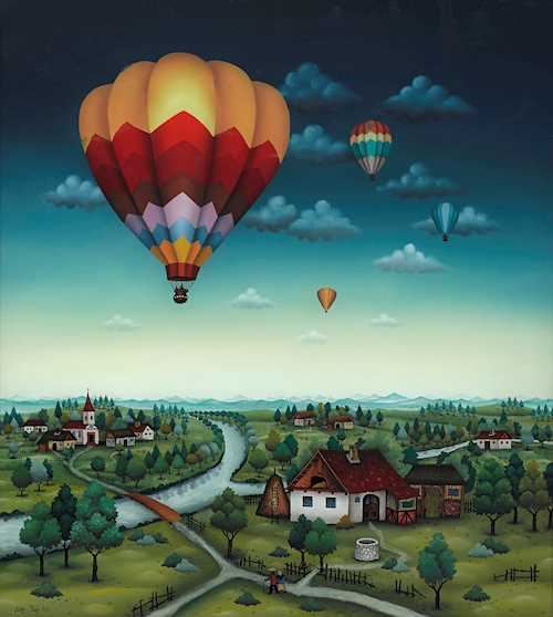 Mitja Rojc | Hot air balloon over a landscape (1986) | MutualArt