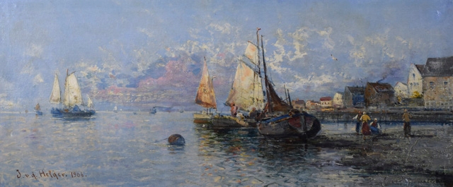 Artwork by J. V. Helger, SCHIFFE IM HAFEN, Made of Aquatec acrylic paint on canvas, with drawing in chalk