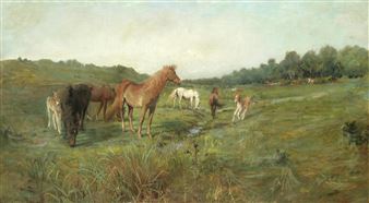 Wild horses on a meadow, the hunt beyond - Lucy Kemp-Welch