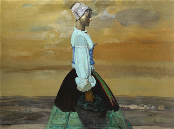 A lady in profile against a desert landscape by Giuseppe Biasi da Teulada