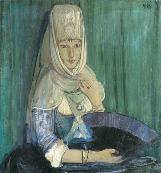 Portrait of a lady in blue by Giuseppe Biasi da Teulada