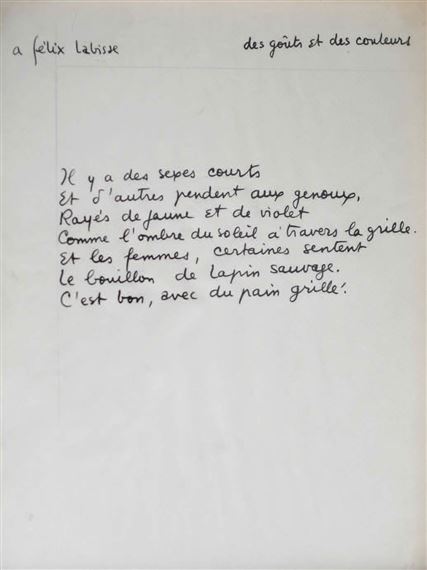 Boris Vian | Poème autographe, Des goûts et des couleurs (1949