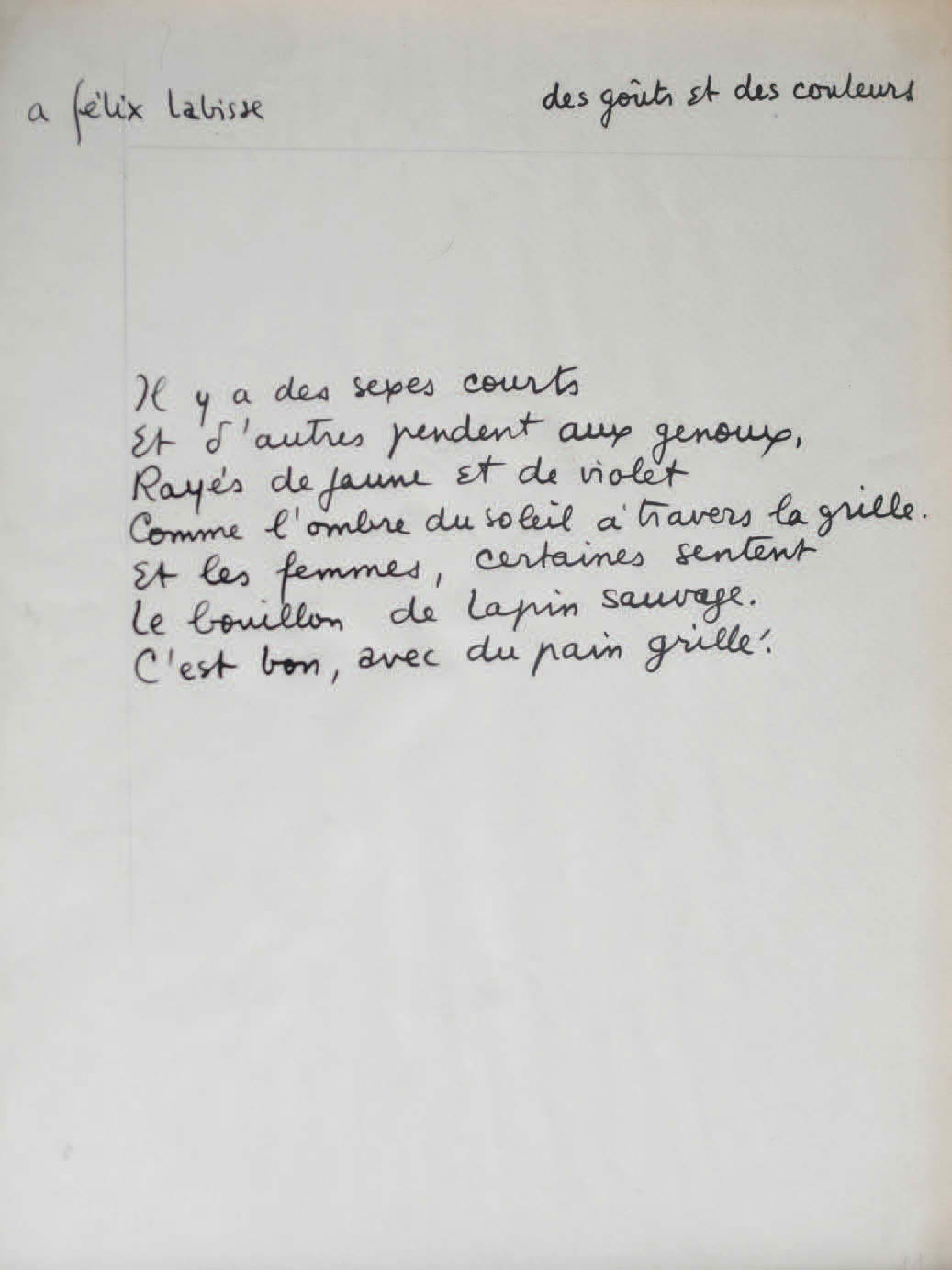 Artwork by Boris Vian, Poème autographe, Des goûts et des couleurs, Made of calligraphy in black ink dedicated to the painter