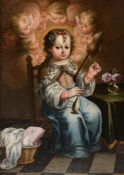"The Child Virgin Spinning" by Juan Simon Gutierrez, Circa 1710