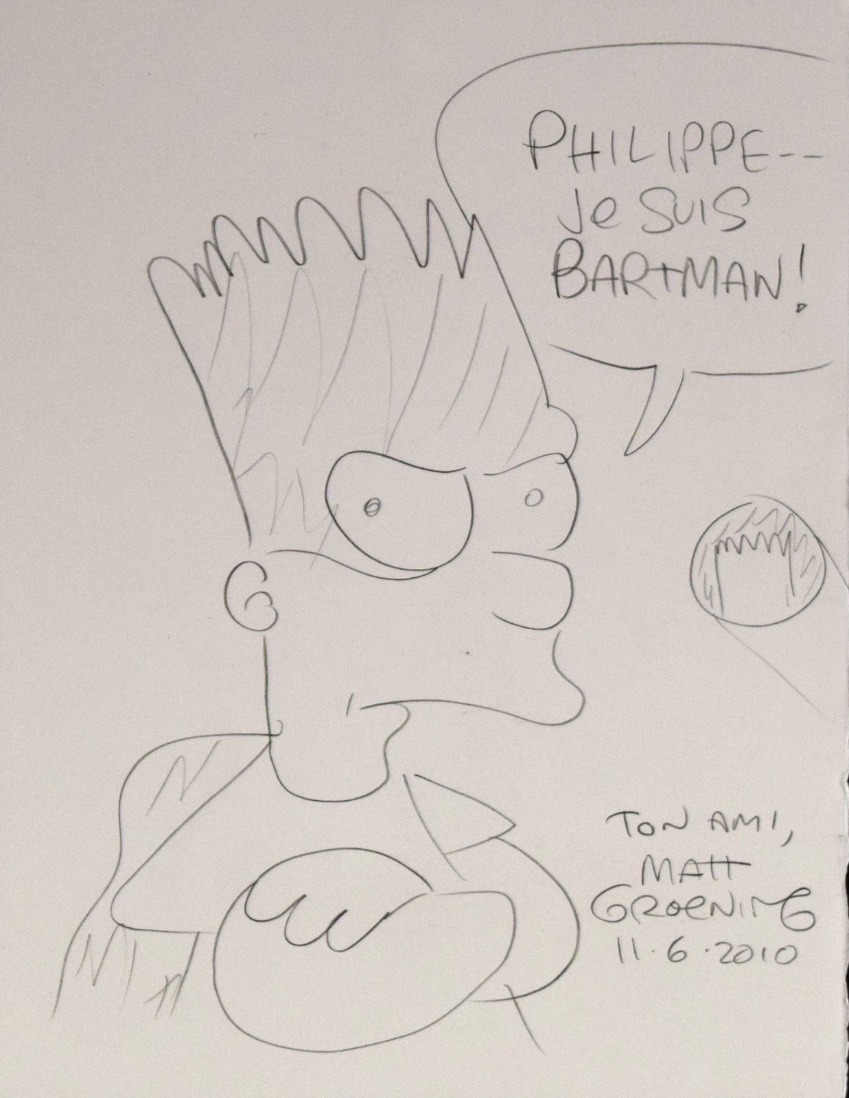 Dédicace représentant Bart déguisé en Batman (Bartman!) by Matt Groening, 2010