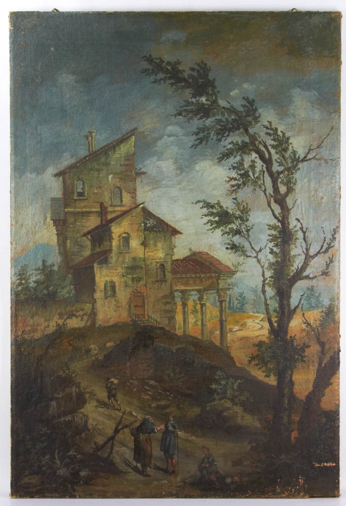 Artwork by Italian School, 18th Century, Stone house with columns, figure walking up the hill, Made of Oil on Canvas