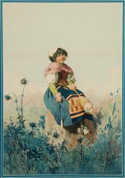 A Neopolitan Spinning Girl in Field by Domenico de Angelis