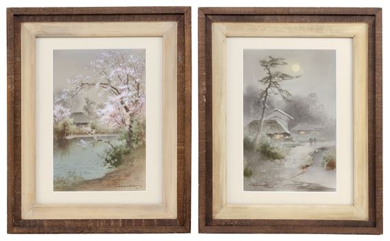 1. A cottage with lake and cherry trees.  2. Cottages in moonlight with snow. by Manjiro Terauchi, Early 20th Century