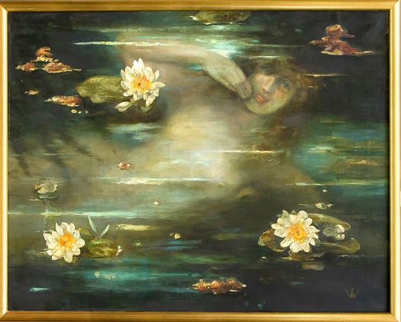 Nymphe unter der Wasseroberfläche mit darauf schwimmenden Seerosen by Symbolism School